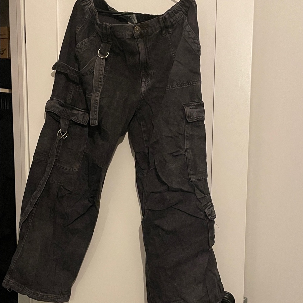 BDG Black Wide-Leg Denim Cargo Pants with strap details